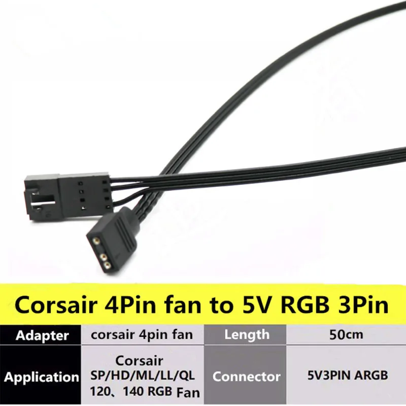Corsair Fan RGB ARGB Adapter Cable HD LL120 140 QL 3Pin 4Pin Fan to 5V 3Pin RGB LED Cable 50cm - image 5