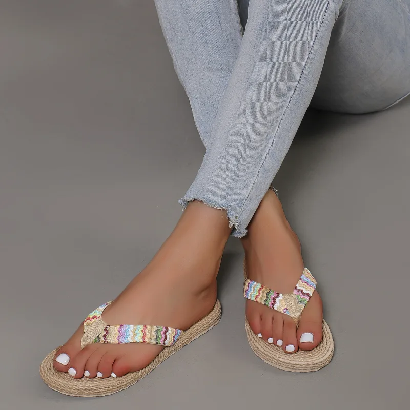 Women's fashion trend anti-slip wear-resistant ethnic wind flaxgrass flat heel flip-flops - image 5