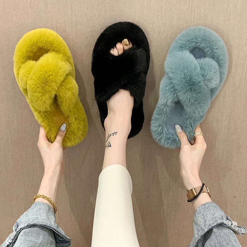 Fashion One Word Thick Fur Slippers Double Fur Slippers Casual Home Cotton Shoes for Women Flat Plush Cross Straps Slippers2025 - image 1