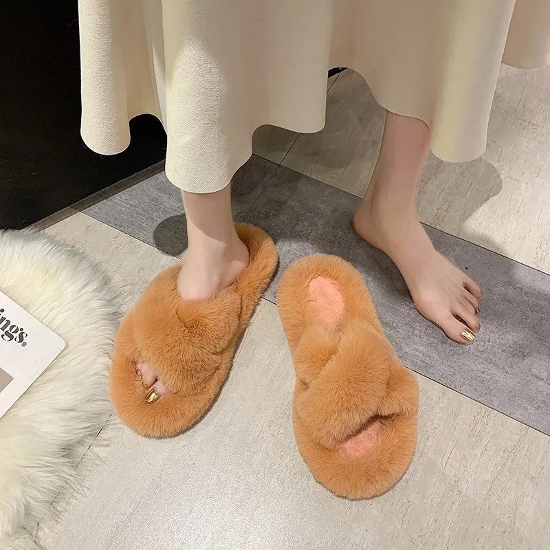 Fashion One Word Thick Fur Slippers Double Fur Slippers Casual Home Cotton Shoes for Women Flat Plush Cross Straps Slippers2025 - image 2