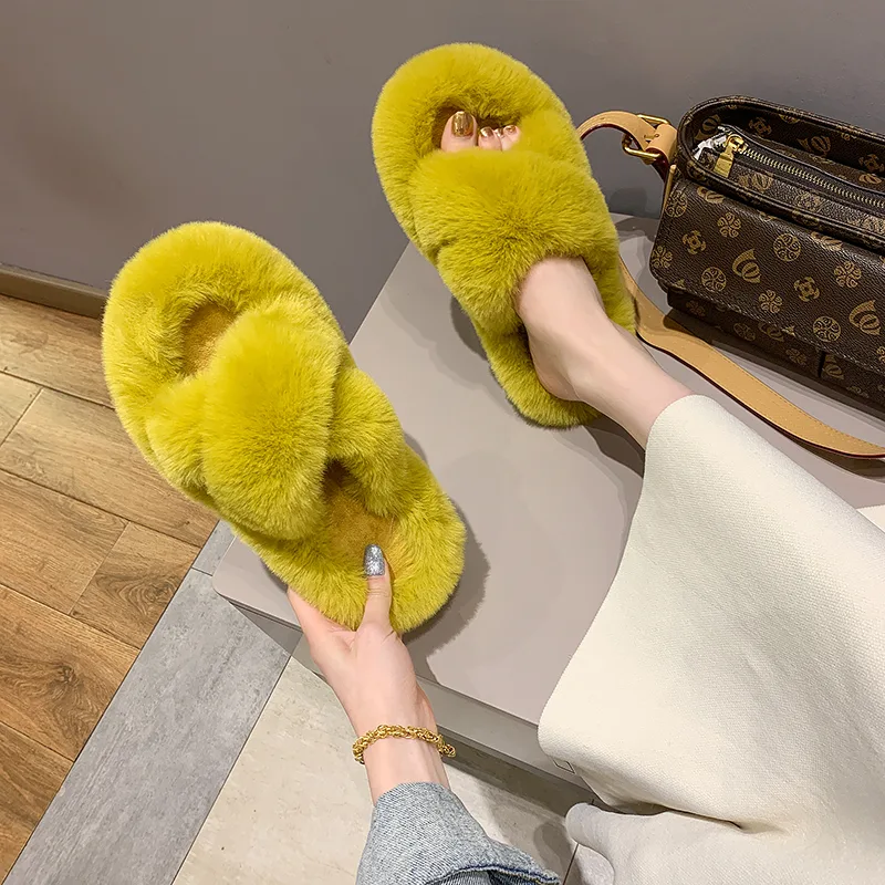 Fashion One Word Thick Fur Slippers Double Fur Slippers Casual Home Cotton Shoes for Women Flat Plush Cross Straps Slippers2025 - image 3