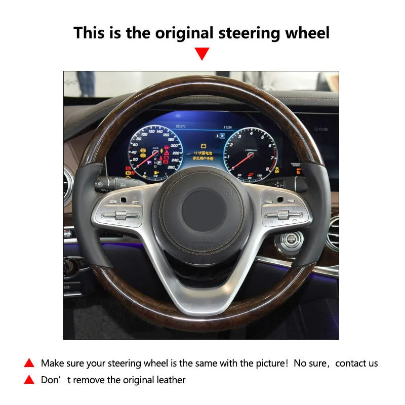 Braids Cover on Steering Wheel For Mercedes Benz S Class W222 2017 2018 2019 2020 Sedan DIY Hand-stitched Suede Leather Black - image 5